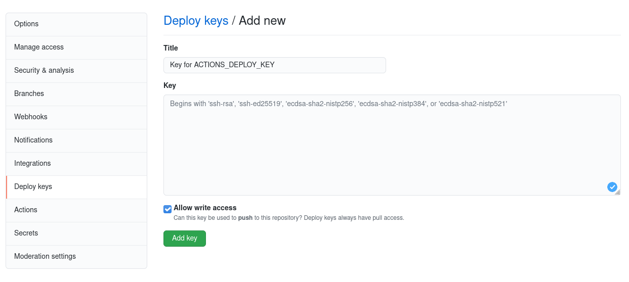 Screenshot of the deploy key setting.