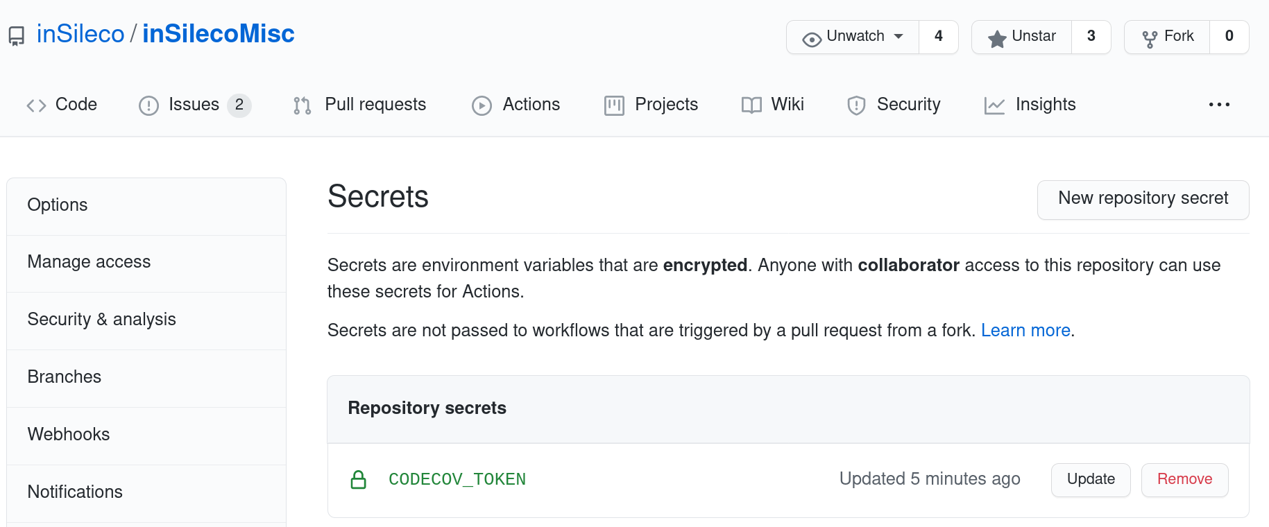 Screenshot of the Secret tab of the setting of the GitHub `inSilecoMisc` repository.