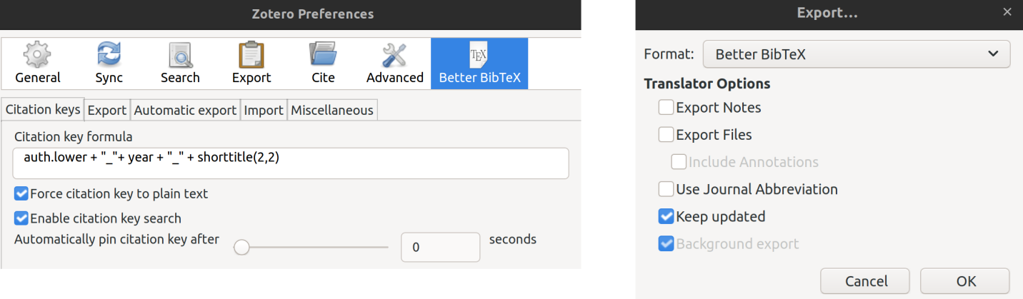 On the left panel is a screenshot showing my current citation key formula (menu \'Edit\' then \'Preferences\'). On the right panel is a screenshot showing how to export a bibliography that will be kept updated (menu \'File\' then \'Export Library ...\')